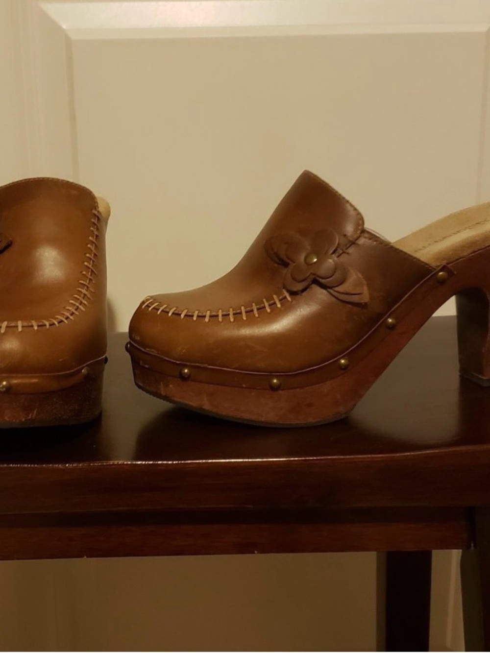 Xhilaration Brown Leather Clog Mules with Flower Accent